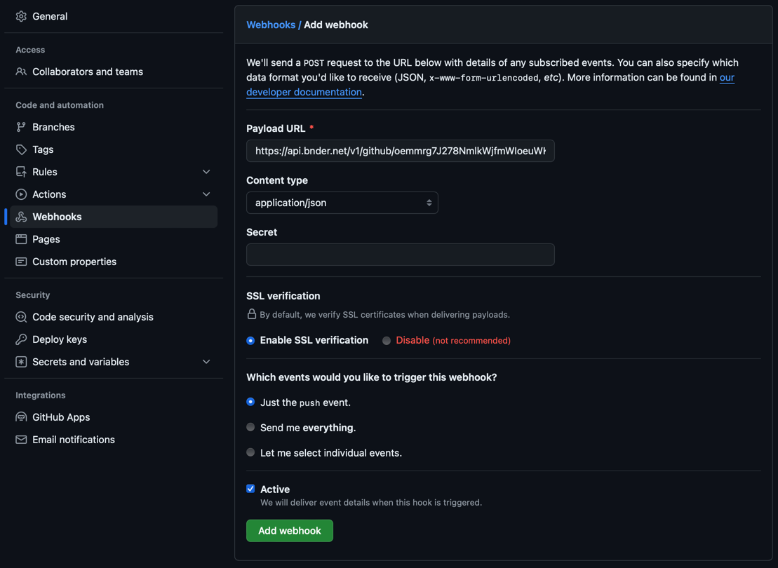 GitHub webhook settings