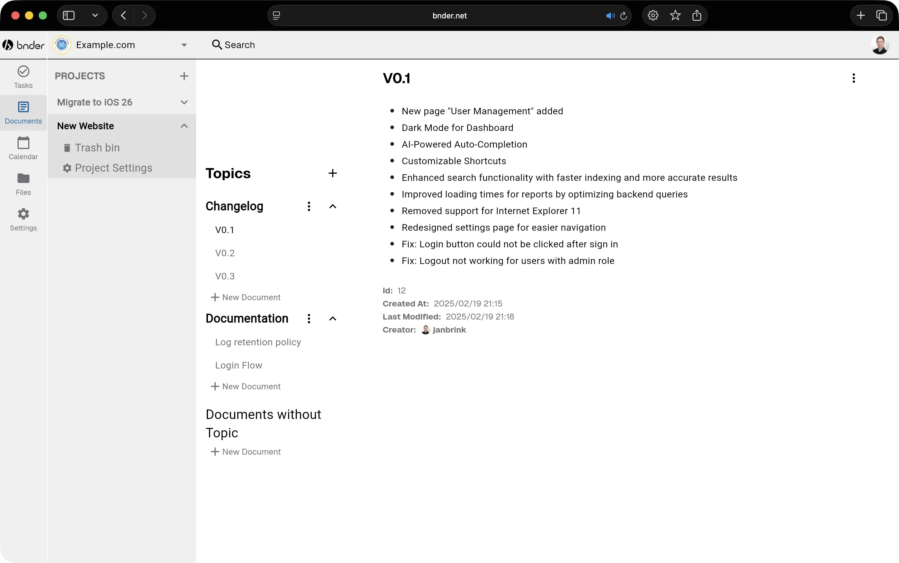 Screenshot of the document management in the app