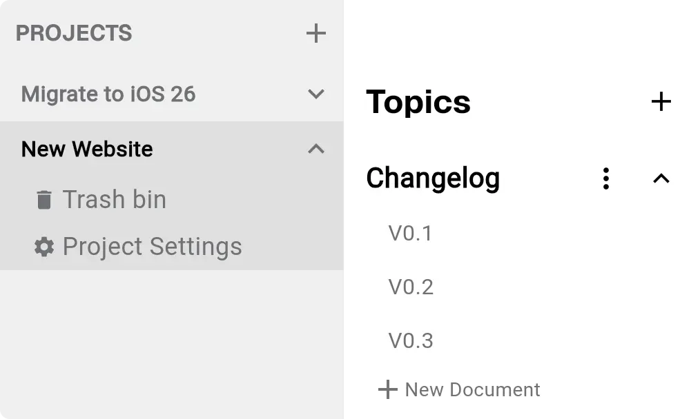 Showing projects and topics inside these projects from the app