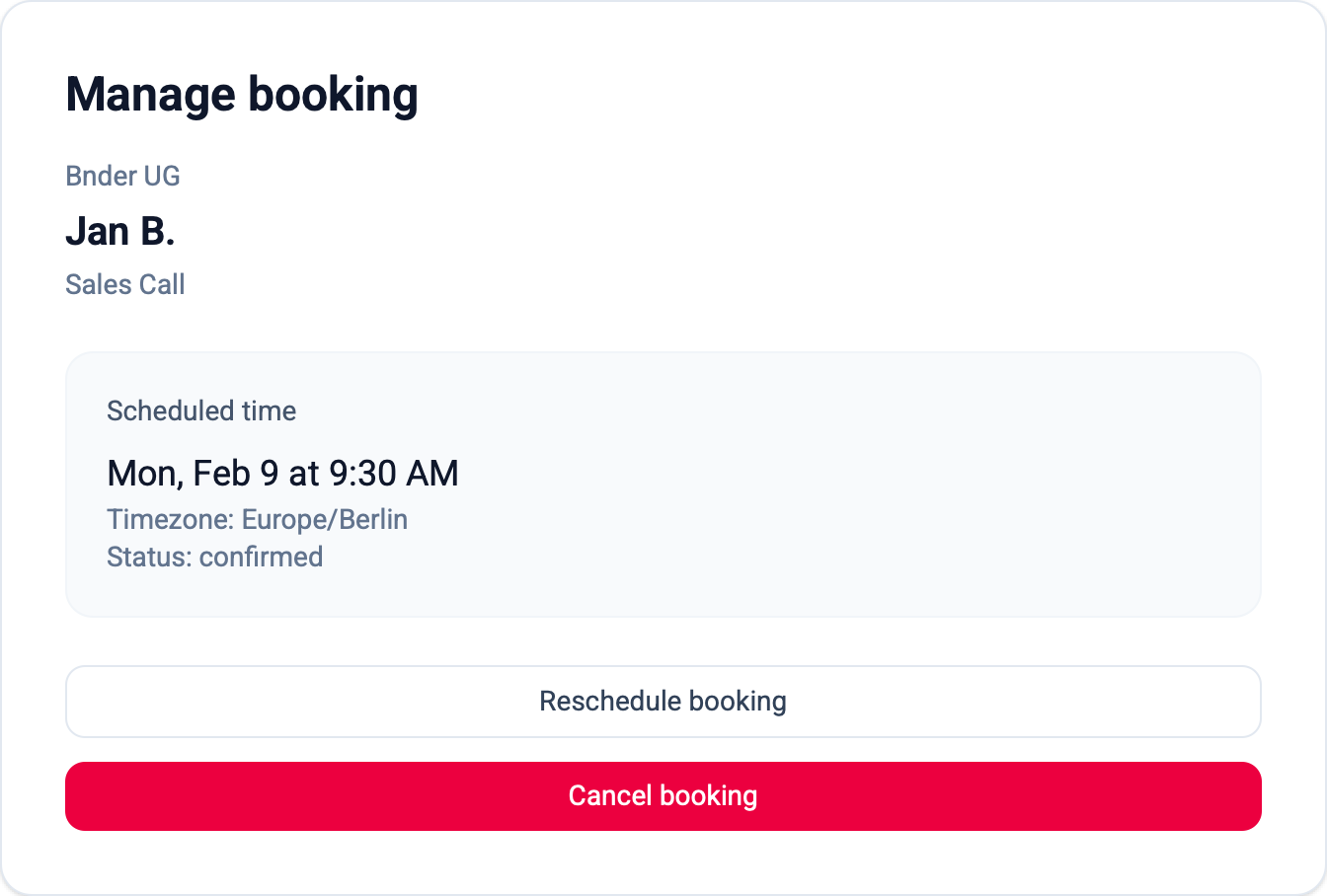 Screenshot of booking management page showing booking details and confirmation message