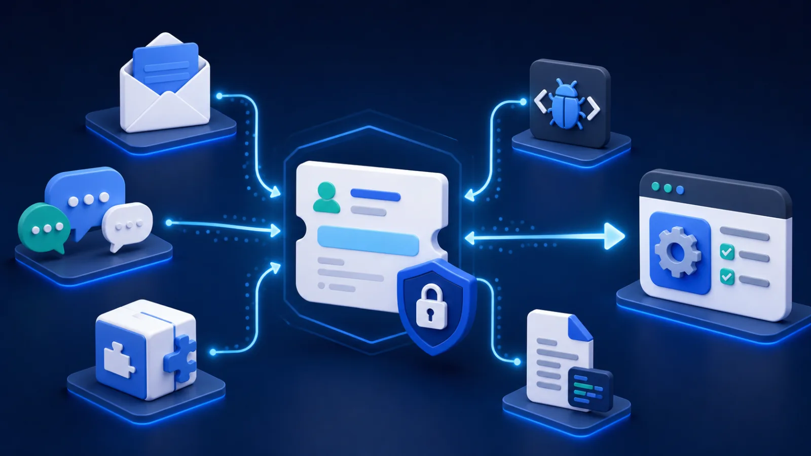 Technical support inputs from email, community chat, software plugins, bug reports, and logs entering one protected ticket workflow